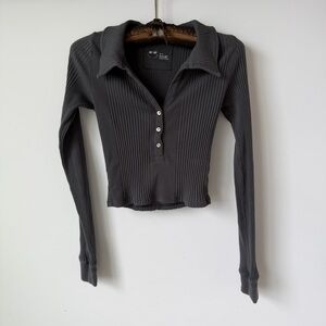 Aerie Charcoal Button Down Ribbed Shirt